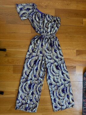 Metallic Anthropologie One-Shoulder Printed Wide-Leg Jumpsuit in Purple/Gold